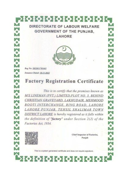 Factory Registration Certificate issued to Lineman (Pvt.) Limited by the Directorate of Labour Welfare, Government of the Punjab