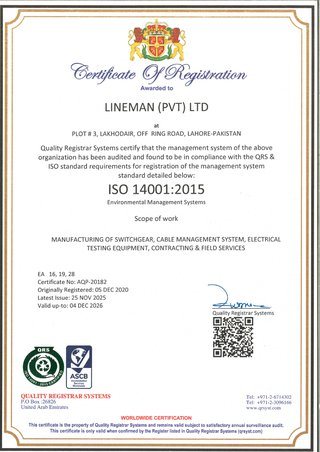 ISO 14001:2015 certificate of registration awarded to Lineman (Pvt) Ltd by Quality Registrar Systems