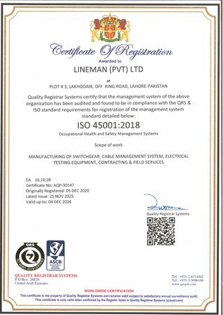ISO 45001:2018 certificate of registration awarded to Lineman (Pvt) Ltd by Quality Registrar Systems