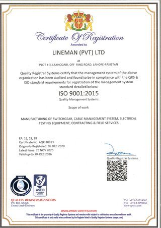 ISO 9001:2015 certificate of registration awarded to Lineman (Pvt) Ltd by Quality Registrar Systems