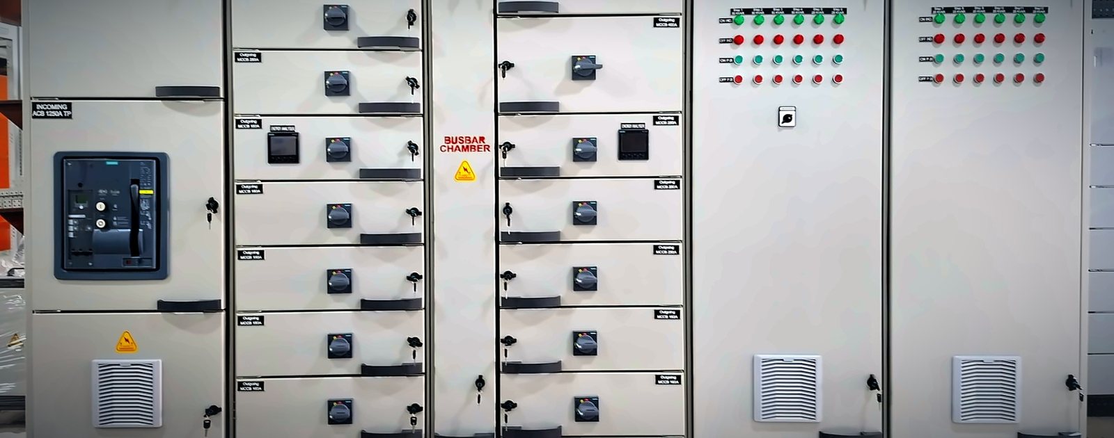 Lineman low voltage panel line-up with air circuit breaker incomer, moulded case circuit breaker feeders and power factor improvement panel