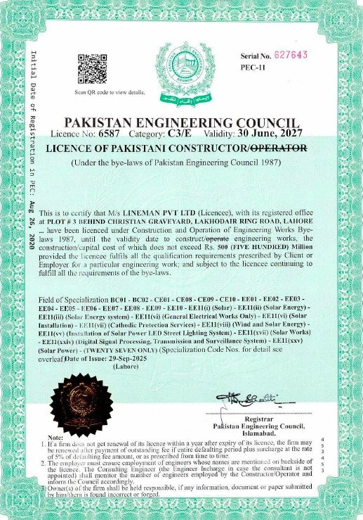 Pakistan Engineering Council constructor licence issued to Lineman Pvt Ltd
