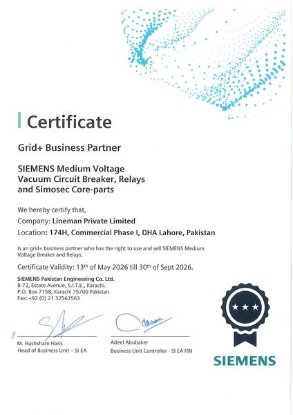 Siemens Grid+ Business Partner certificate for Medium Voltage, issued to Lineman Private Limited