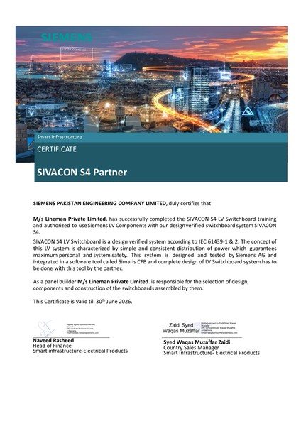 Siemens SIVACON S4 Partner certificate issued to Lineman Private Limited